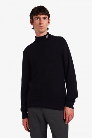 Fred Perry Chevron Textured Roll Neck Jumper Men Knitwear Black | 9138HGYBJ