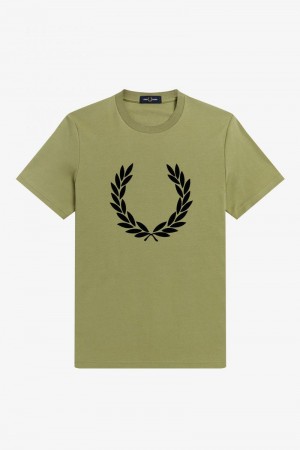 Fred Perry Flock Laurel Wreath Men T Shirts Olive Green | 9742MZEJS