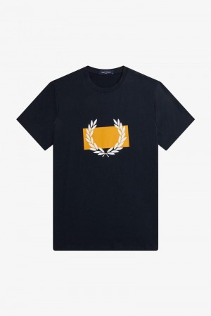 Fred Perry Laurel Wreath Print Men T Shirts Navy | 2973BNSPK