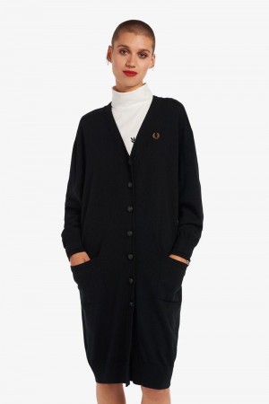 Fred Perry Longline Cardigan Women Knitwear Black | 2340YOBLG