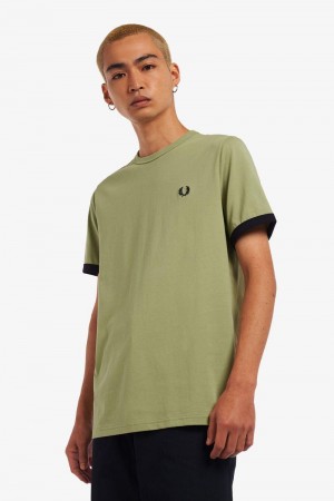 Fred Perry Ringer Men T Shirts Olive Green | 2749NKOHQ