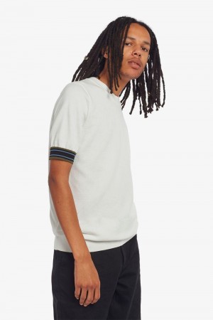 Fred Perry Striped Cuff Knitted Men T Shirts White | 9851LGYHZ