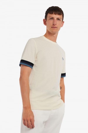 Fred Perry Striped Cuff Piqué Men T Shirts White | 1793ZBPSC