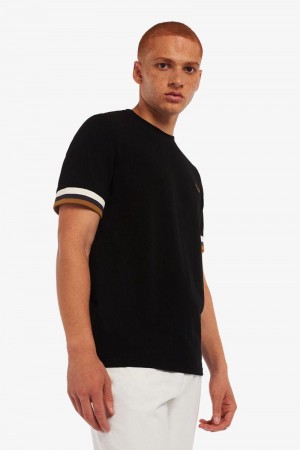 Fred Perry Striped Cuff Piqué Men T Shirts Black | 2915JLQYG