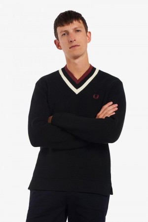 Fred Perry Striped V-Neck Jumper Men Knitwear Black | 9568WOZHJ