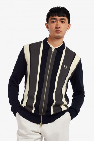 Fred Perry Striped Zip-Through Cardigan Men Knitwear Navy | 2548HCUAL