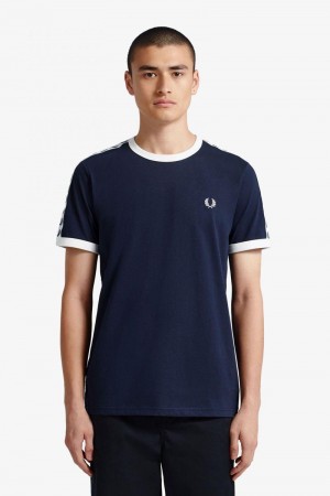 Fred Perry Taped Ringer Men T Shirts Dark Grey Blue | 2489OAIRG