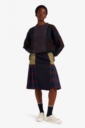 Fred Perry Tartan Panel Cable Knit Jumper Women Knitwear Black | 0154JUCYR