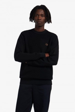 Fred Perry Textured Merino Jumper Men Knitwear Black | 3097GOFTQ