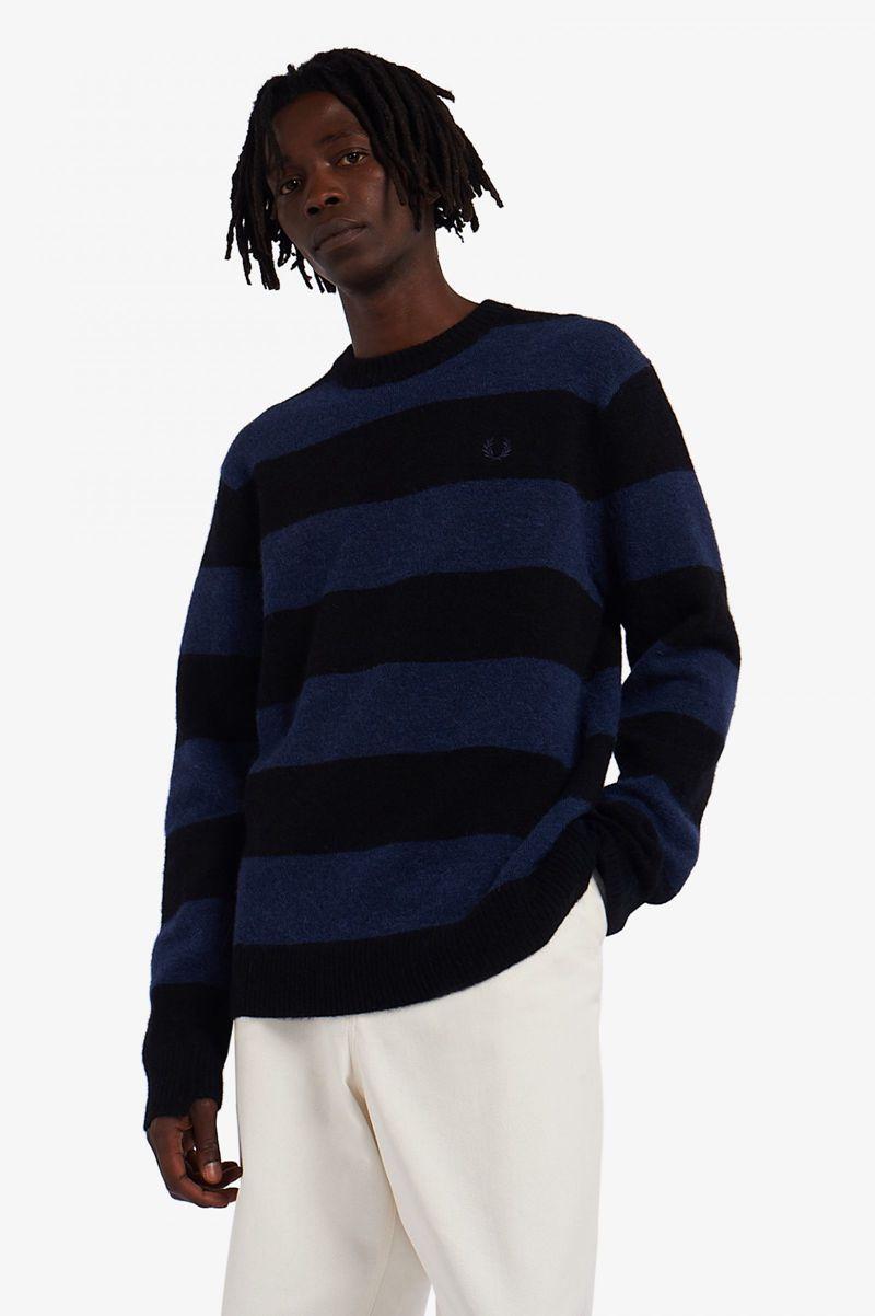 Fred Perry Bold Stripe Alpaca Blend Jumper Men Knitwear Dark Grey Blue | 2408OGNPH