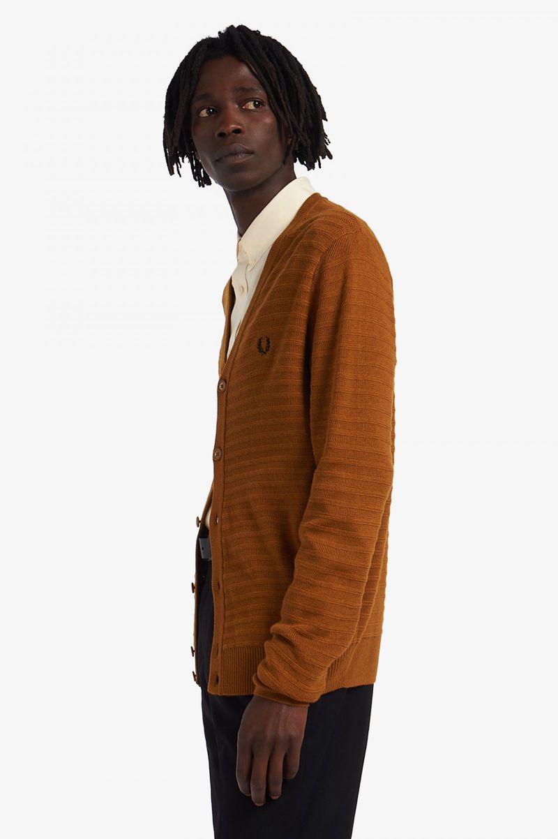 Fred Perry Chevron Textured Cardigan Men Knitwear Camel | 7542YSWNE