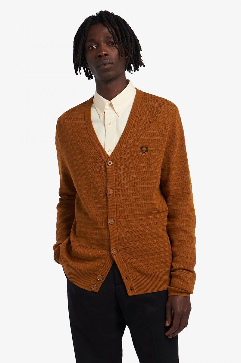 Fred Perry Chevron Textured Cardigan Men Knitwear Camel | 7542YSWNE