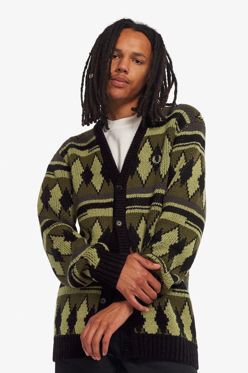 Fred Perry Chunky Jacquard Cardigan Men Knitwear Olive Green | 1587ZNYCO