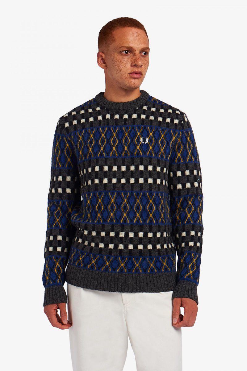 Fred Perry Fair Isle British Wool Jumper Men Knitwear Royal | 4157LTOSD