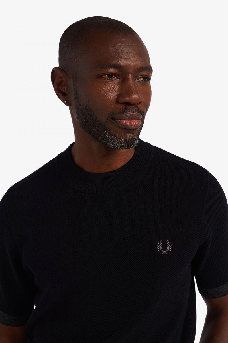 Fred Perry Space Dye Trim Knitted Men T Shirts Black | 7508ULYRI