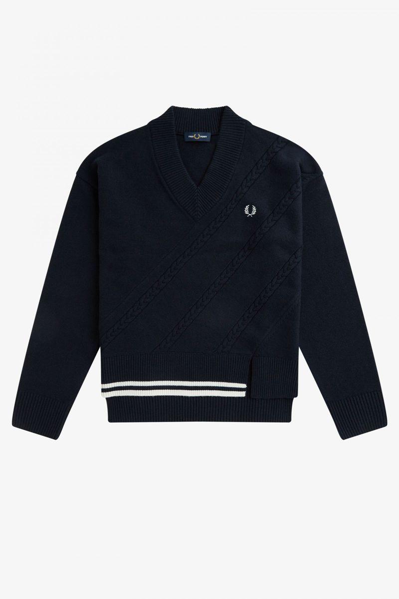 Fred Perry Split Hem Cable Knit Jumper Women Knitwear Navy | 5026EMOSH