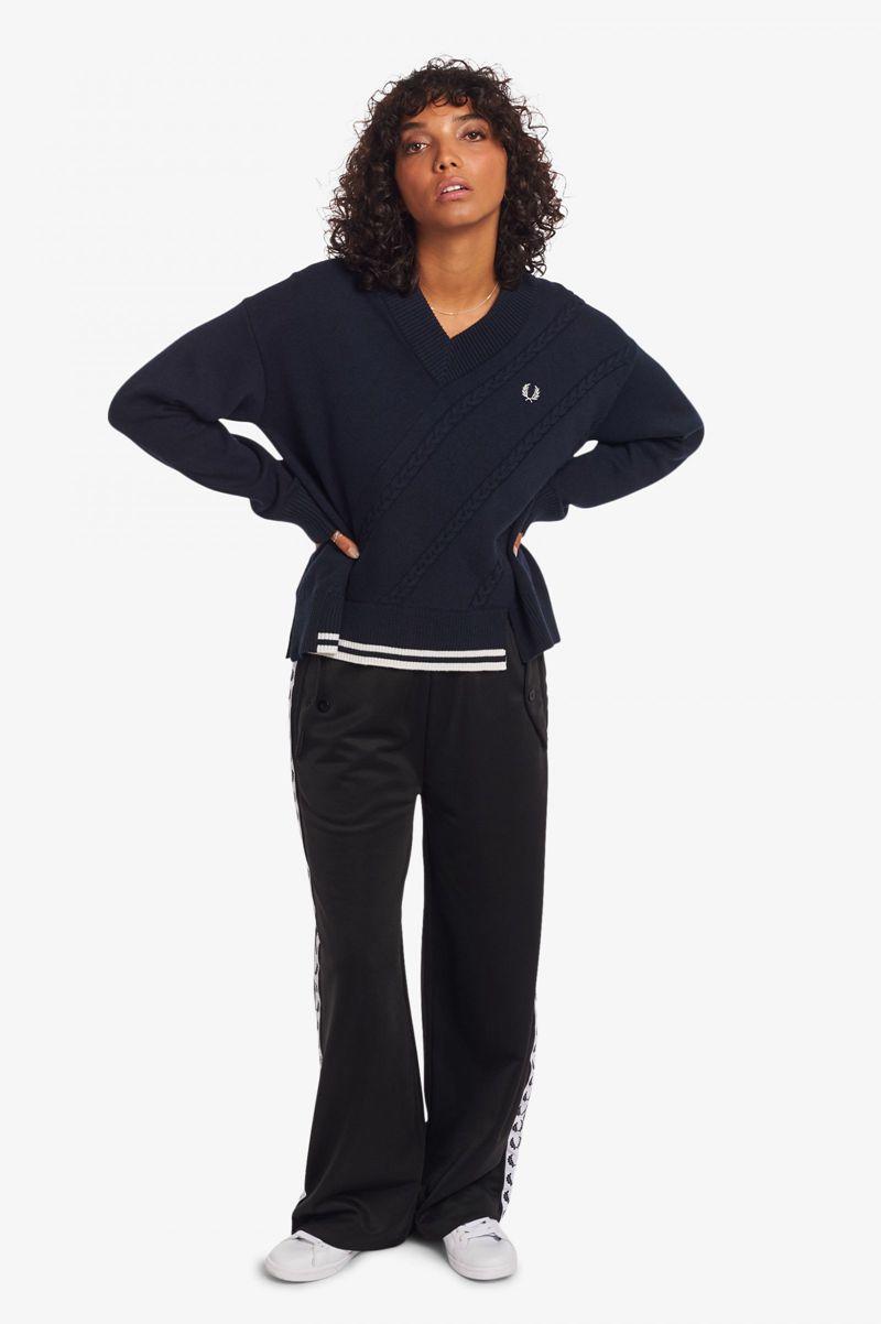 Fred Perry Split Hem Cable Knit Jumper Women Knitwear Navy | 5026EMOSH