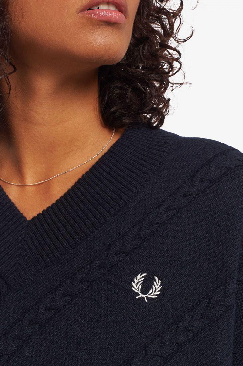 Fred Perry Split Hem Cable Knit Jumper Women Knitwear Navy | 5026EMOSH