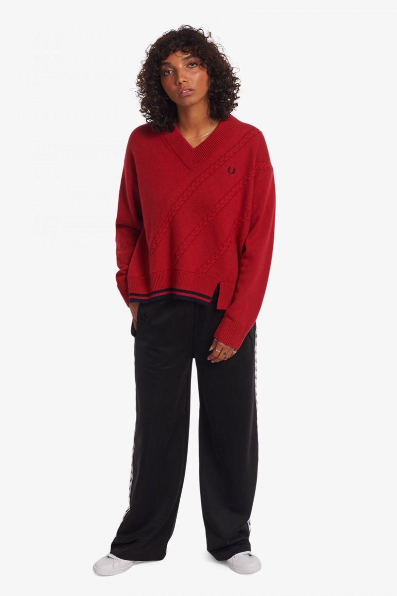 Fred Perry Split Hem Cable Knit Jumper Women Knitwear Red | 8209SIOBJ