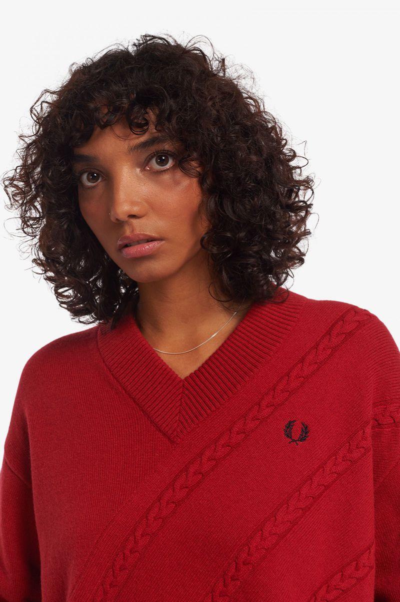 Fred Perry Split Hem Cable Knit Jumper Women Knitwear Red | 8209SIOBJ