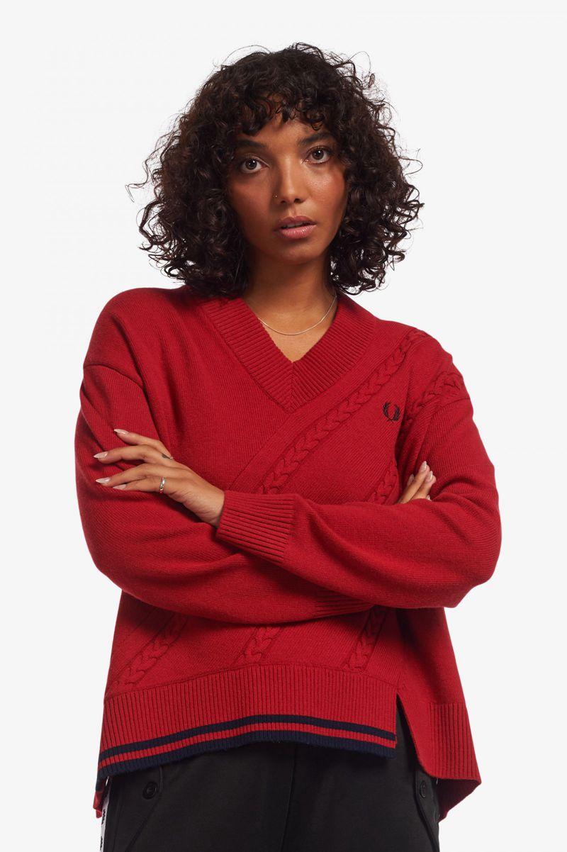 Fred Perry Split Hem Cable Knit Jumper Women Knitwear Red | 8209SIOBJ