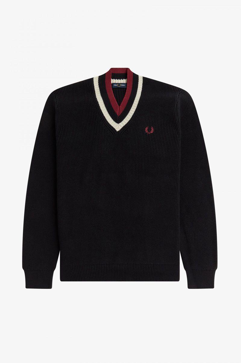 Fred Perry Striped V-Neck Jumper Men Knitwear Black | 9568WOZHJ