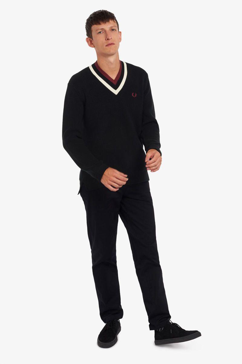 Fred Perry Striped V-Neck Jumper Men Knitwear Black | 9568WOZHJ