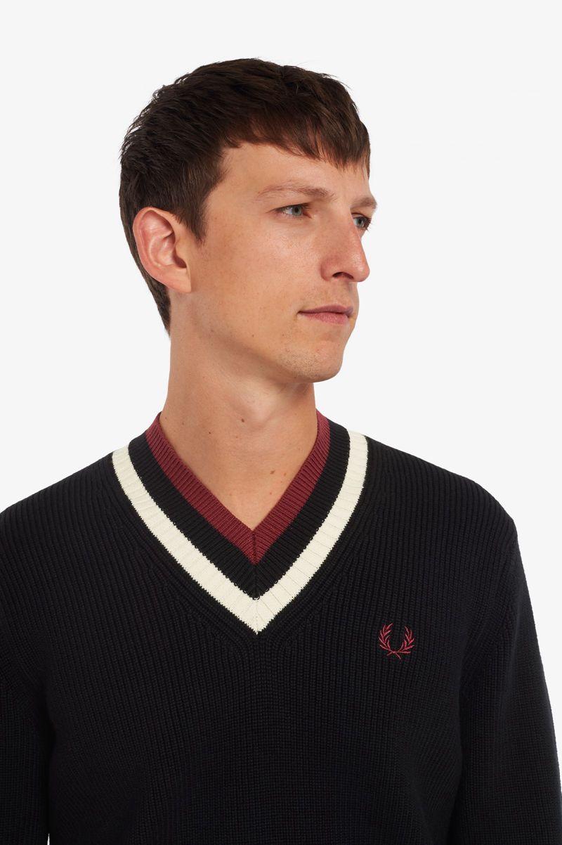 Fred Perry Striped V-Neck Jumper Men Knitwear Black | 9568WOZHJ