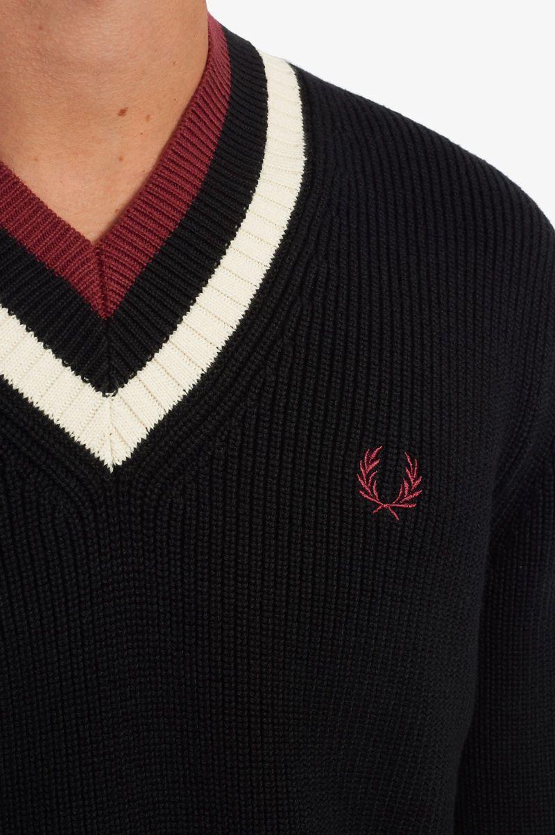 Fred Perry Striped V-Neck Jumper Men Knitwear Black | 9568WOZHJ