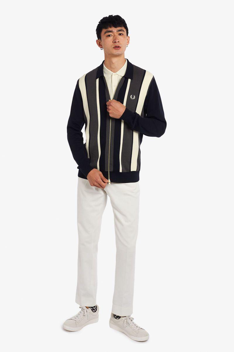 Fred Perry Striped Zip-Through Cardigan Men Knitwear Navy | 2548HCUAL