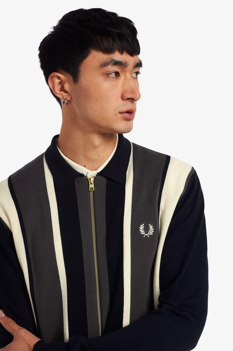 Fred Perry Striped Zip-Through Cardigan Men Knitwear Navy | 2548HCUAL