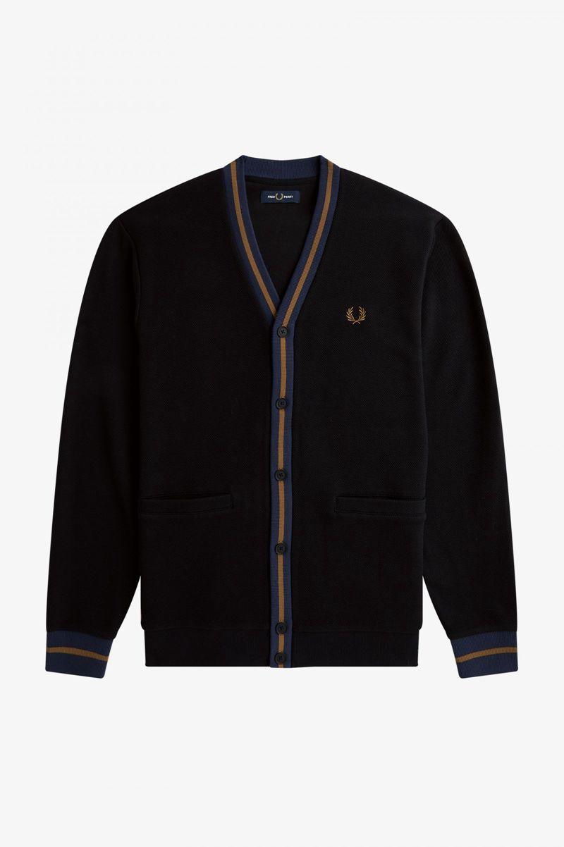 Fred Perry Tipped Piqué Textured Cardigan Men Knitwear Black | 2607CWTPO