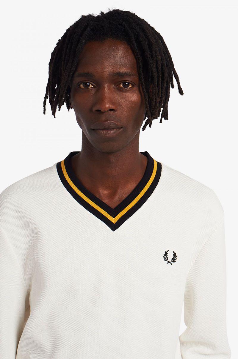 Fred Perry Tipped Piqué Textured Jumper Men Knitwear White | 6235UADQF