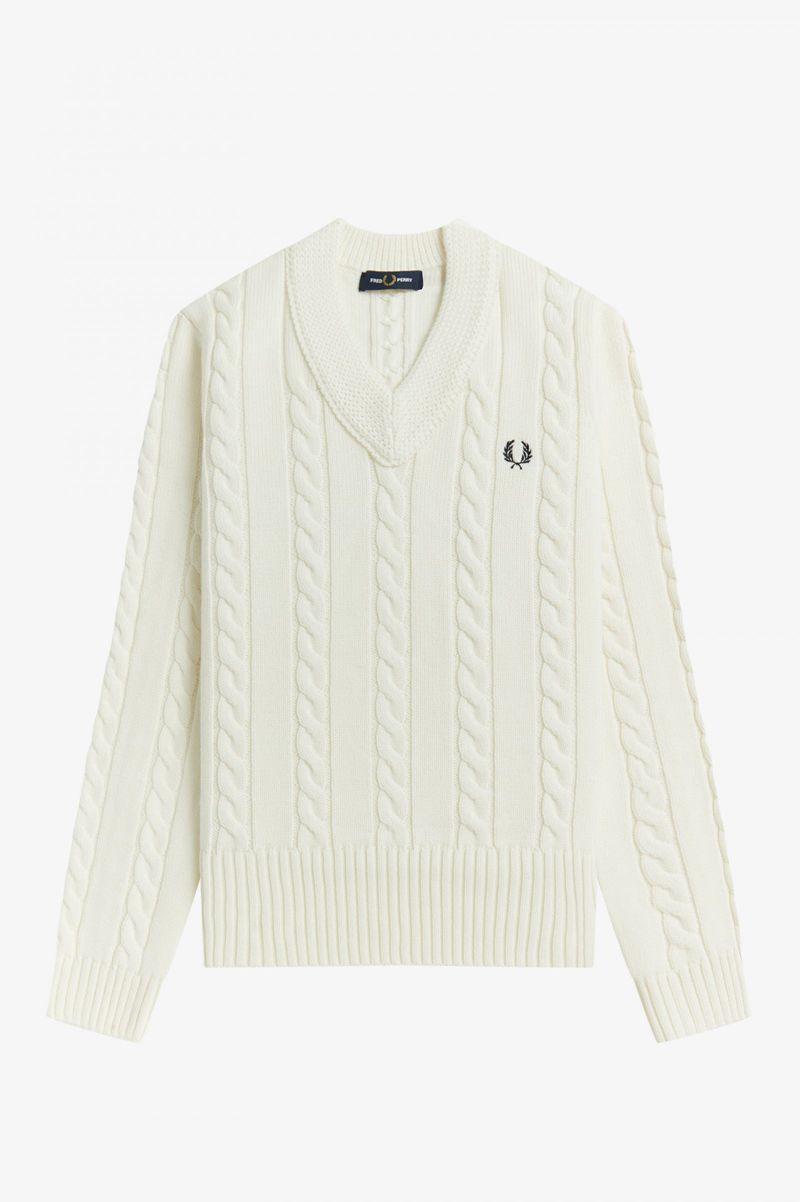 Fred Perry V-Neck Cable Knit Jumper Women Knitwear White | 4216ORMSB