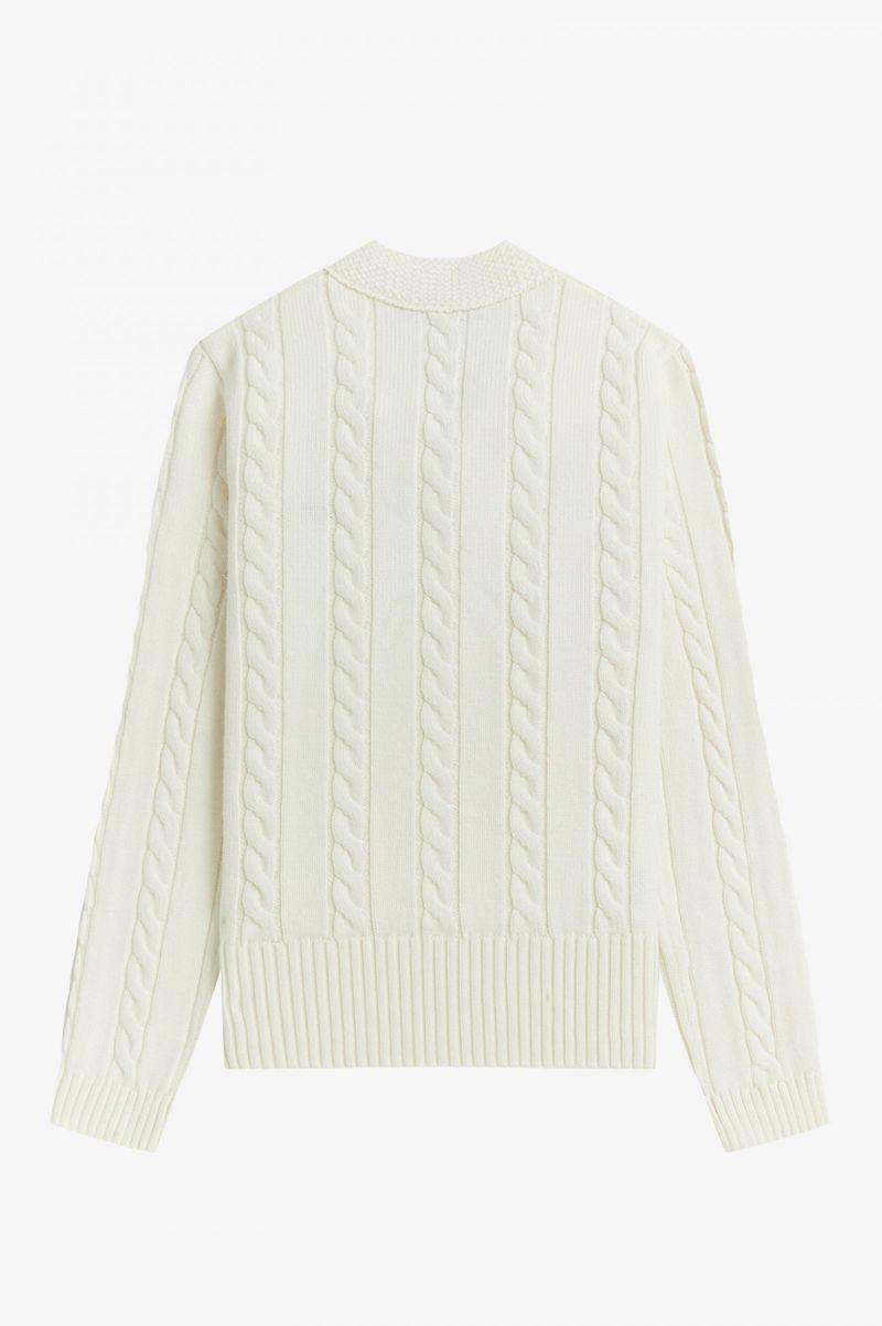 Fred Perry V-Neck Cable Knit Jumper Women Knitwear White | 4216ORMSB